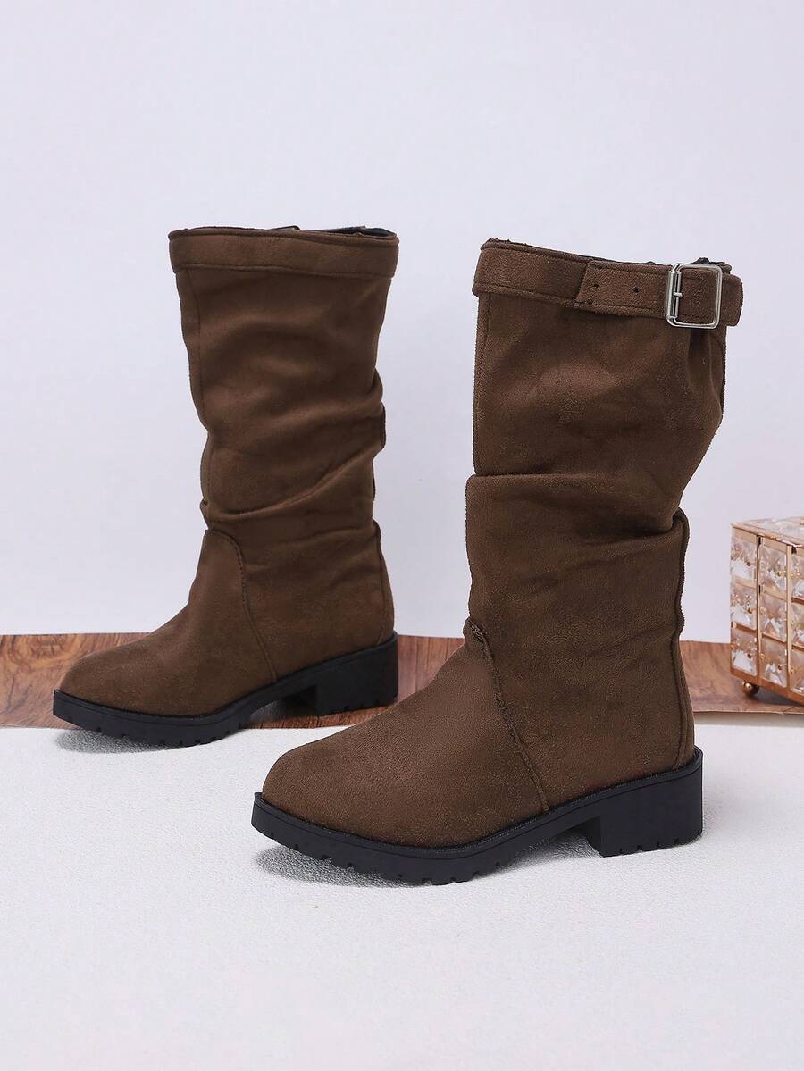 1 Pair Girls' Ruched Fabric High-Top Boots, Round Toe, Side Buckle, Chunky Low Heel, Vintage Slouch Boots, Suitable For Campus, Daily Wear, Outdoor Outings - Brown - View 1