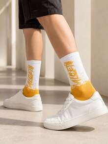 1/3 Pairs Men's Mid-Calf Socks, College Style, Letter Socks, Solid Color Compression Socks, Gradient Socks, Snug Fit, Suitable For Outdoor And Indoor, Unisex, Comfortable Fabric, Fashion, Sporty, Gift For Men - Multicolor - View 5