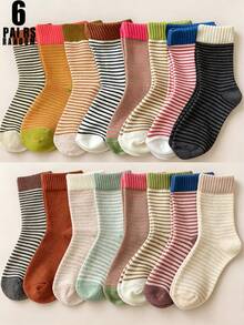 6 Pairs Of Random Women's Casual Striped Calf Socks In Multiple Colors, Retro Colored Long Socks For Comfort, Breathability, And Softness - Multicolor - View 8