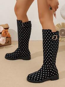 WTKMRSSTEP Women's Polka Dot High-Top Long Boots, Vintage Round Toe Thick Sole Side Zipper Buckle Decor Fashion Riding Boots - Black - View 3