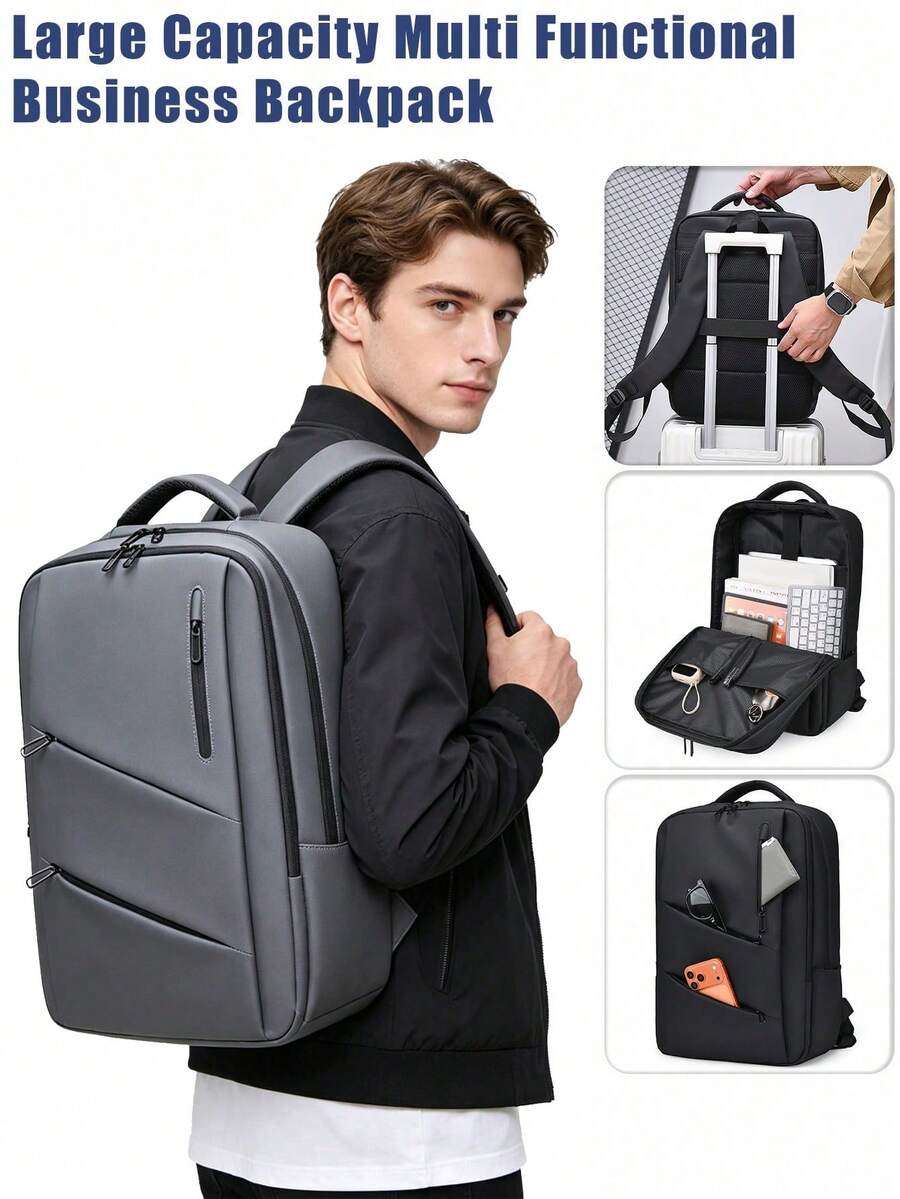1pc Large Capacity Multifunctional Business Backpack With Luggage Strap And Multiple Compartment Storage, Suitable For Business And Commuting