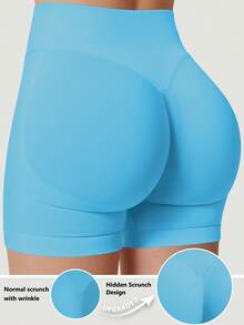 Seamless High Waisted Butt Lifting Workout Shorts For Women, Sports Summer - Blue - View 9