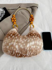 1pc Soft Plush Deer Pattern Handbag, New Style Atmosphere Shoulder Bag, Versatile Fuzzy Bag, Large Capacity Cute Plush Bag - White - View 5
