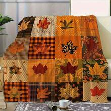 1pc Autumn Leaves & Pumpkin Pattern Flannel Blanket - Machine Washable, All-Season Multi-Purpose Knitted Bedding, Suitable For Sofa, Bed, Office, Camping, Travel - Multicolor - View 1