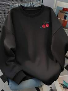 Vintage Ink Cherry English Back Print Crew Neck Sweatshirt Women Loose Sweet Cool Black Versatile Long Sleeve Top - Black - View 3