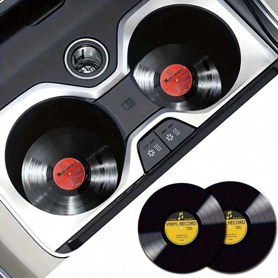 2 Car Coasters With Record Patterns -2.8-Inch Round With Natural Rubber Anti Slip Beverage Tray, Durable Home Car Accessories, Unisex, Washable, Weighing 15 Grams Per Piece - Red Vinyl Record 2-piece Set - View 1