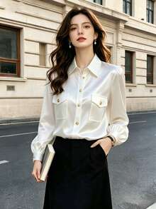 Women's Autumn Solid Color Satin Front Button Pocket Office Blouse White - White - View 5