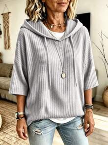 Plus Size Women's Ribbed Hooded Sweatshirt, Batwing 3/4 Sleeve, Drawstring Design, Textured Casual Top, Suitable For Autumn And Daily Wear, Comfortable And Warm - Light Grey - View 4