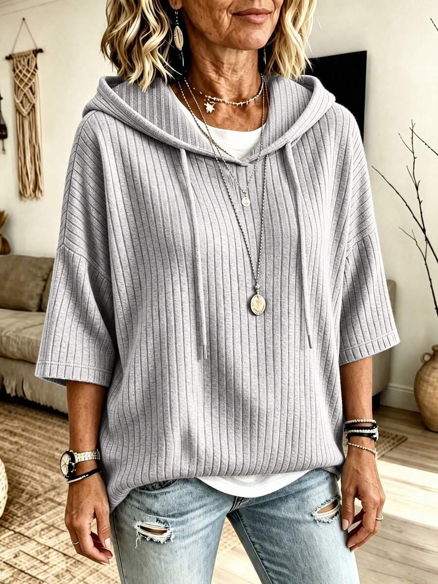 Plus Size Women's Ribbed Hooded Sweatshirt, Batwing 3/4 Sleeve, Drawstring Design, Textured Casual Top, Suitable For Autumn And Daily Wear, Comfortable And Warm
