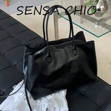 Solid Color Unadorned Oil Wax Crinkled Large Capacity Storage Zipper Closure Lazy High-End Shoulder Tote Bag Women's Daily Business Trip Commute Student Class Handbag Soft Leather Tote Bag - Black - View 3
