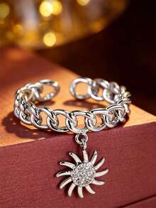 1pc Niche Luxury Sun Pendant Chain Ring, Cuban Chain Open Ring Band, Sun Pendant Design, Personalized Accessory Gift Jewelry For Women - Ring - View 3