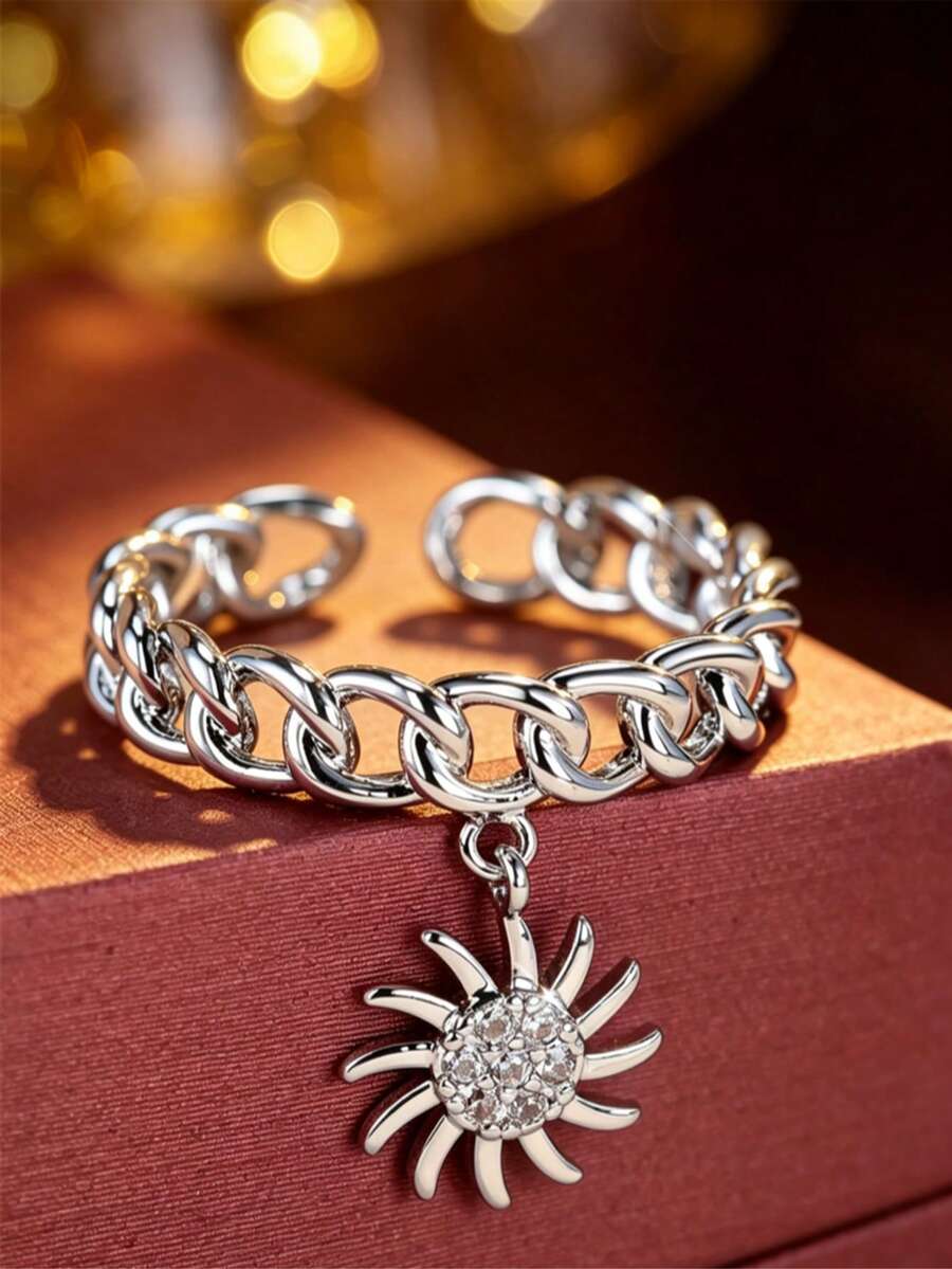 1pc Niche Luxury Sun Pendant Chain Ring, Cuban Chain Open Ring Band, Sun Pendant Design, Personalized Accessory Gift Jewelry For Women - Ring - View 1