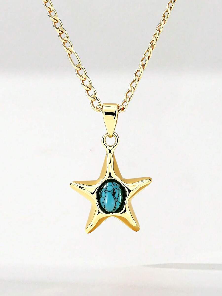 1pc Fashionable Five-Pointed Star Pendant Necklace, Inlaid With Sparkling Diamonds, 3D Star Design, Paired With 50cm Classic Chain, Comfortable And Smooth To Wear, Minimalist Luxury Style, Elegant Accessory For Daily Casual And Commute Outfits. - Yellow Gold - View 1