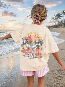 1 pieza Camiseta con manga corta y estampado tropical para niñas preadolescentes, cómoda y de moda, Top de verano para estudiantes jóvenes - Albaricoque - Ver 2