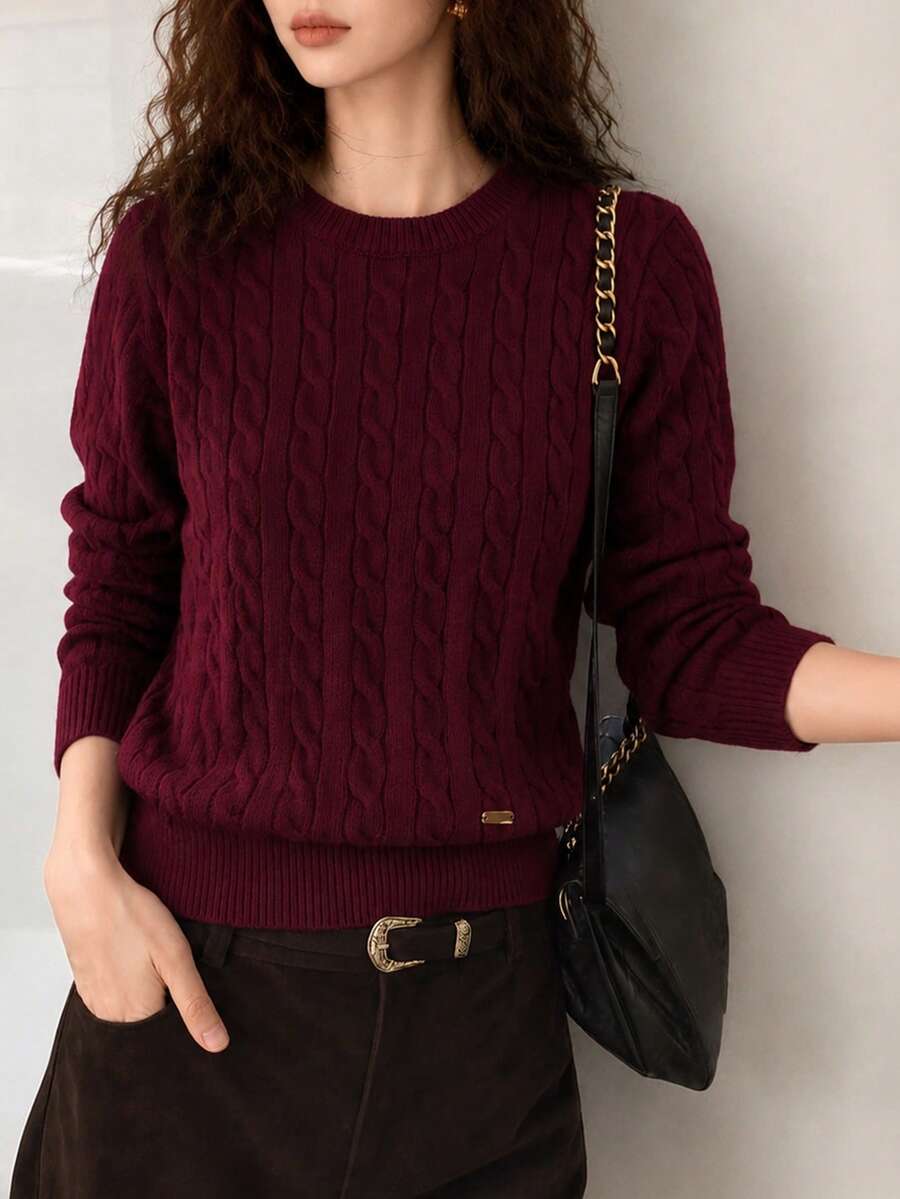 Women's Autumn/Winter Casual Minimalist Classic Thin Striped Design Loose Round Neck Pullover Sweater - Magenta - View 1