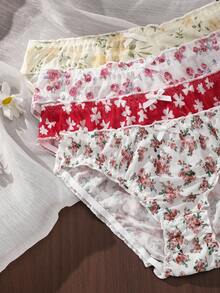 4 buah celana dalam segitiga pinggang tengah ukuran besar untuk wanita, kain jala motif bunga segar, hiasan pita bergelombang, ringan dan bernapas, pas untuk tubuh berisi dan feminin. - MultiWarna - View 5