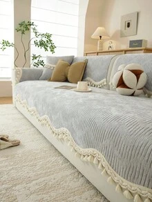 ZXZGM 1 pièce Housse de canapé en chenille à texture verticale, housse de canapé de luxe moderne, toutes saisons, jeté de canapé avec bordure à franges, fond antidérapant lavable en machine, anti-griffures pour animaux de compagnie, coussin de canapé durable et anti-poussière, housse de canapé en L 1-4 places, style minimaliste crème, protecteur de canapé universel pour salon, chambre à coucher, extérieur, housse de canapé, housse de canapé - Gris pâle - Voir 4