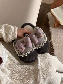 XIXITIAO Cute Lace Ruffle Bow Slippers, Closed‑Toe Fuzzy Warm House Shoes, Soft Sole Cozy Indoor Slippers - Grey - View 7