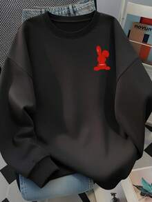 Korean Chic Cute Red Rabbit Print Crew Neck Sweatshirt, Oversized Slimming Long Sleeve Top For Daily Commute, Autumn - Black - View 3