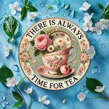 2D Flat - 1 Vintage "Tea Time Is Always A Good Time" 8-Inch Round Metal Sign, Floral Teapot And Rose Design, Suitable For Kitchen, Living Room, Cafe Or Bar, Pre-Drilled Holes, Style As Shown In Size Chart - Multicolor - View 4