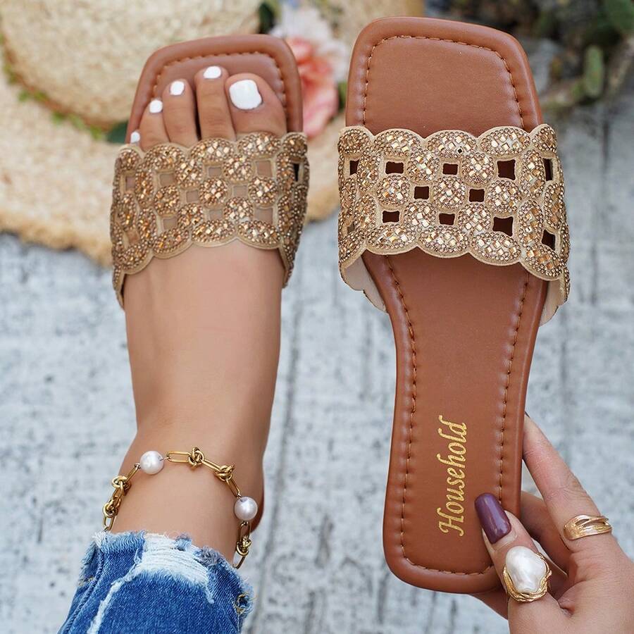 Women's Rhinestone Embellished Hollow-Out Mesh Pattern Square Toe Open Toe Single Strap Flat Slide Sandals, Luxury Vacation Style Summer Leather Slippers - Brown - View 1