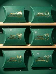 12PCS/Green Christmas Pillow Paper Boxes Gold Hot Stamping 4.53x2.76 Inch Xmas Candy Gift Box 6 Designs Holiday Party Favor Small Present Packaging Box - View 2
