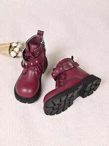 Girls' Sweet & Cool Black Boots With Lace Trim, Badge, Thick Sole, Anti-Slip And Side Zipper - Red - View 5