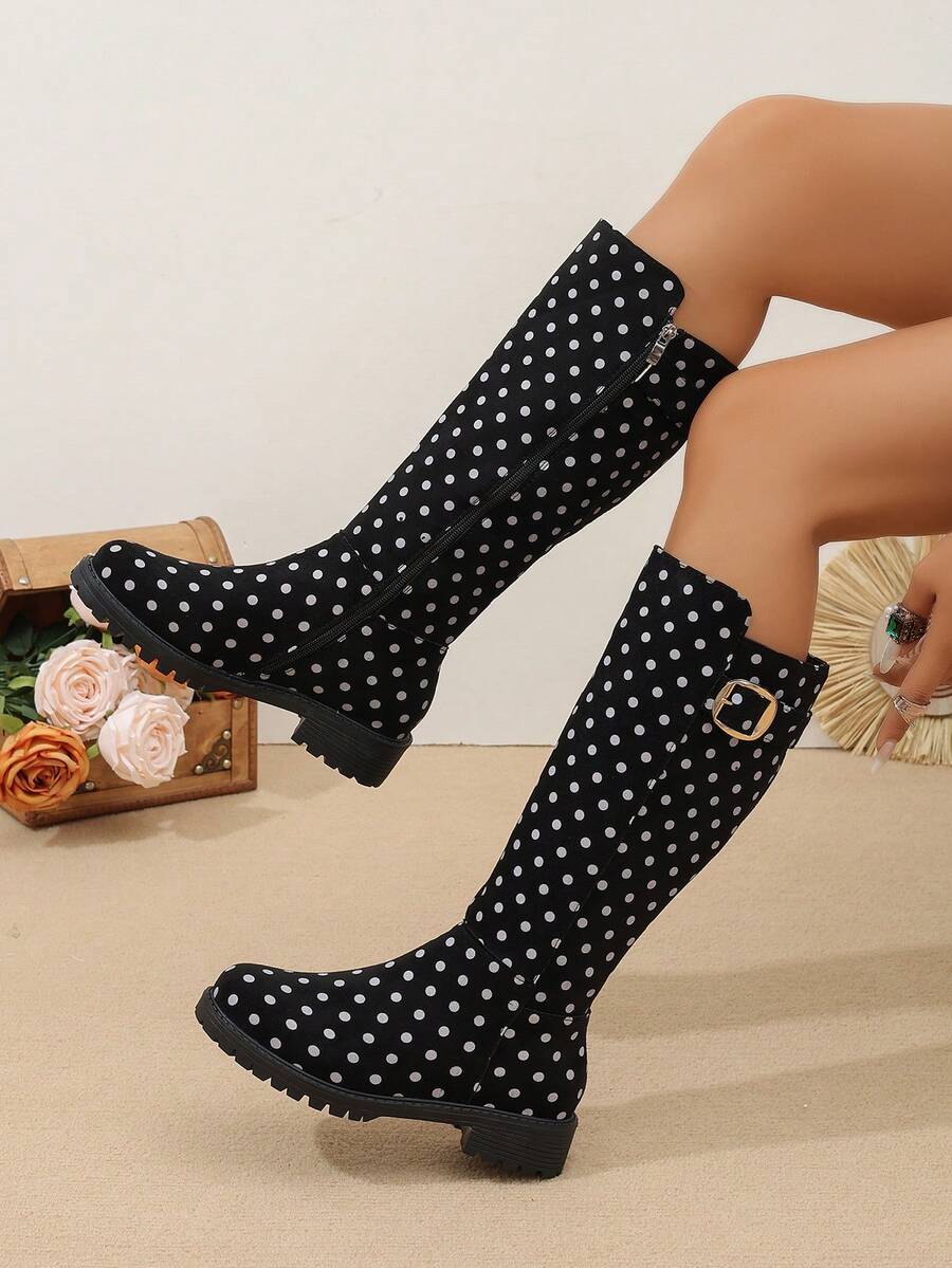 WTKMRSSTEP Women's Polka Dot High-Top Long Boots, Vintage Round Toe Thick Sole Side Zipper Buckle Decor Fashion Riding Boots - Black - View 1