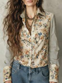 Women's Floral Print Shirt Collar Long Sleeve Blouse With Striped Colorblock Design, Suitable For Autumn Daily And Commute Wear - Multicolor - View 4
