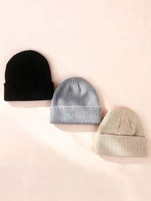 3pcs Pack Unisex Kids Knit Solid Color Warm Beanie Hats,Suitable For Autumn And Winter - Multicolor - View 7