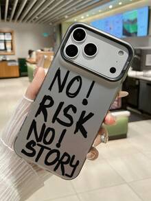 1pc NO!RISK NO!STORY English Phone Case, Silver Gray Background With Personalized Inspirational Text Print, Black Edge Raised Lens Full Coverage Anti-Drop Soft Back Hard Shell, Suitable For Valentine's Day, Easter, Mother's Day, Thanksgiving, Christmas, New Year, Birthday, Back To School Season Multiple Occasions Gift Choice; Compatible With IPhone Case & Galaxy Case - Black - View 2