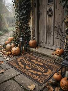 1PC Deep Brown Background Bronze Gold Bat Letter Pattern Entryway Door Mat, Dark Gothic Style Crystal Velvet Rectangular Luxurious Scrollwork Border Skull Detail Machine Washable Door Mat, Suitable For Halloween Party Entrance Garden Decor - Multicolor - View 2