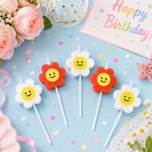 HIBIRTH 5pcs Creative Red & White Dual-Color Flower Candles, Indoor Cake Decoration Candles, Flower Smiling Face Happy Birthday Celebration Wish Party Baking Plug-In - View 4