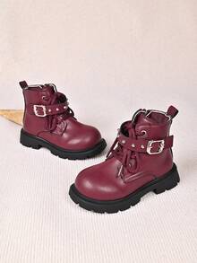 Girls' Sweet & Cool Black Boots With Lace Trim, Badge, Thick Sole, Anti-Slip And Side Zipper - Red - View 3