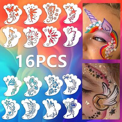 16pcs Reusable Face Painting Stencils Set, Butterfly, Fairy, Unicorn Patterns, DIY Makeup Stencils For Kids Party, Halloween, Carnival Cosplay, Soft And Washable, Holiday Stage Makeup Decoration Painting Tools