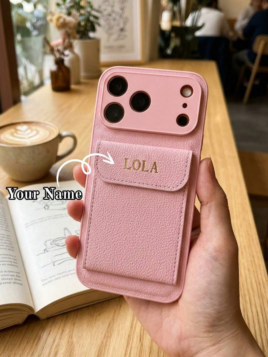 Custom Name Gold Foil Initial Litchi Texture PU Leather Wallet Phone Case, Compatible With IPhone 13 14 15 16 17 18 Pro Max Plus Air, Card Slot, Full Camera Protection, Scratch-Resistant Shockproof Protective Shell, Fashion Commute Office Travel Accessory, Unisex Personalized Gift - Pink - View 1