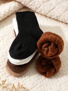 5 Pairs Baby & Kids Solid Color Thermal Lined Knitted Socks, Winter Socks, Thickened Warm Mid-Calf Socks, Multiple Colors, Suitable For Autumn/Winter - Multicolor - View 7