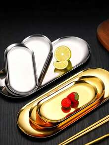 X WOTP 1pc Stainless Steel Oval Plate, Minimalist Oval Shaped Dinner Plate For Kitchen,Kitchen,Christmas Gift Back To School - Gold - View 8