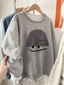 Minimalist Cute Knit Hat Smiling Face Print Crew Neck Sweatshirt Women Loose Korean Style Daily Versatile Light Gray Autumn Long Sleeve - Light Grey - View 3
