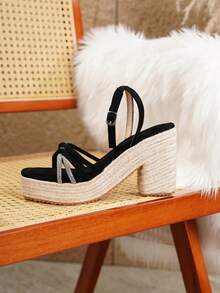 Sandal Platform Wedges Wanita, Sandal Sol Tebal, Tali Jerami, Cocok Untuk Semua Musim, Liburan, Pesta, Santai, Pantai - Hitam - View 8