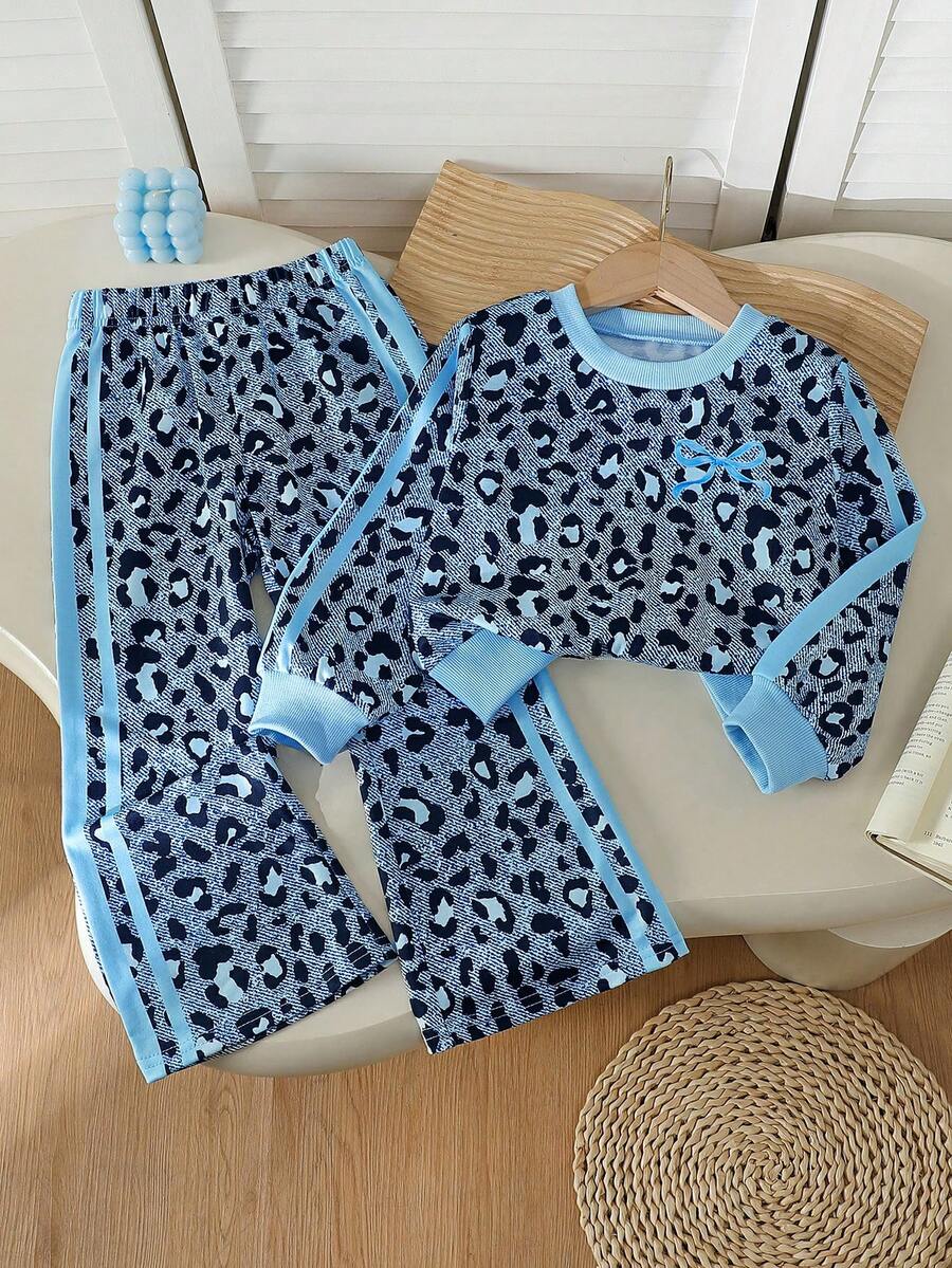 Galaxy Graffiti 4-7 Years Old Girls Outfit, Leopard Print Long Sleeve Crew Neck Sweatshirt Top + Flared Pants Set, Autumn Sports Casual Wear - Blue - View 1