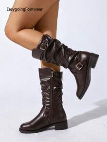 Winter Slouch Boots, Metal Double Buckle, Loose Pleated Shaft, Round Toe Chunky Heel. Solid Color Versatile, Vintage Western Style, Suitable For Daily Wear. - Brown - View 9