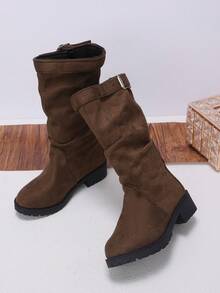 1 Pair Girls' Ruched Fabric High-Top Boots, Round Toe, Side Buckle, Chunky Low Heel, Vintage Slouch Boots, Suitable For Campus, Daily Wear, Outdoor Outings - Brown - View 2