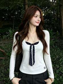 Polka Dot Embroidered Patchwork 2-In-1 Long Sleeve T-Shirt Women's Autumn New Bowknot Casual Versatile Top - White - View 3