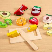 1 Set Kids Wooden Cutting Simulation Food Toy Set, Fruit & Vegetable Kitchen Toys, Large Easy-To-Grip, Smooth Rounded Edges, Montessori Early Education, Toddler Educational Gift, Unisex For Boys & Girls, Random Style & Color - Multicolor - View 2