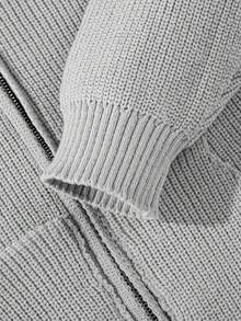 Men's American Casual Ribbed Knit Hooded Cardigan, Letter Embroidery On Chest, Dropped Shoulder Zip-Up Knit Jacket - Grey - View 8