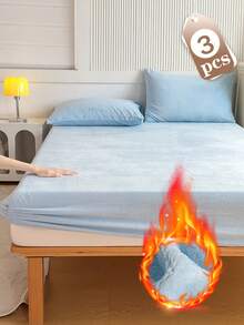 3-Piece Velvet Fitted Sheet Set, Warm And Soft, Solid Color Flannel Fabric, Suitable For King, Queen, Full And Twin Size Beds. Luxurious Ultra Soft Comfortable Fitted Sheet, 12-Inch Deep Pocket Design, Suitable For Autumn, Winter And Spring. Includes Pillowcases, Dust-Proof And Non-Slip, Machine Washable, Ideal Gift Choice For Bedding. Suitable For Twin, Full, King And Queen Size Beds. Mattress Cover Is Machine Washable. - Baby Blue - View 2