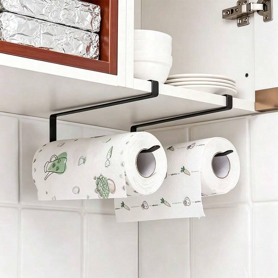 1/2pcs No-Drill Hanging Kitchen Paper Towel Holder, Cabinet Soft Paper Roll Rack, Cling Film & Dishcloth Holder - Multicolor - View 1