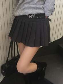 Spring/Summer New Hot Girl Vintage Slimming High Waist Anti-Exposure Double Belt Striped Pleated Skirt - Black - View 4