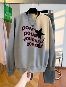 Minimalist High Street Style Curved English Slogan Star Pattern Crew Neck Sweatshirt Solid Ash Grey Basic Unisex Casual Autumn Sweatshirt - Light Grey - View 1